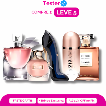 Combo 5 Perfumes Tester - Scandal, 212 VIP Rosé, La Vie est Belle, Good Girl e Coco Chanel Mademoiselle 100ml